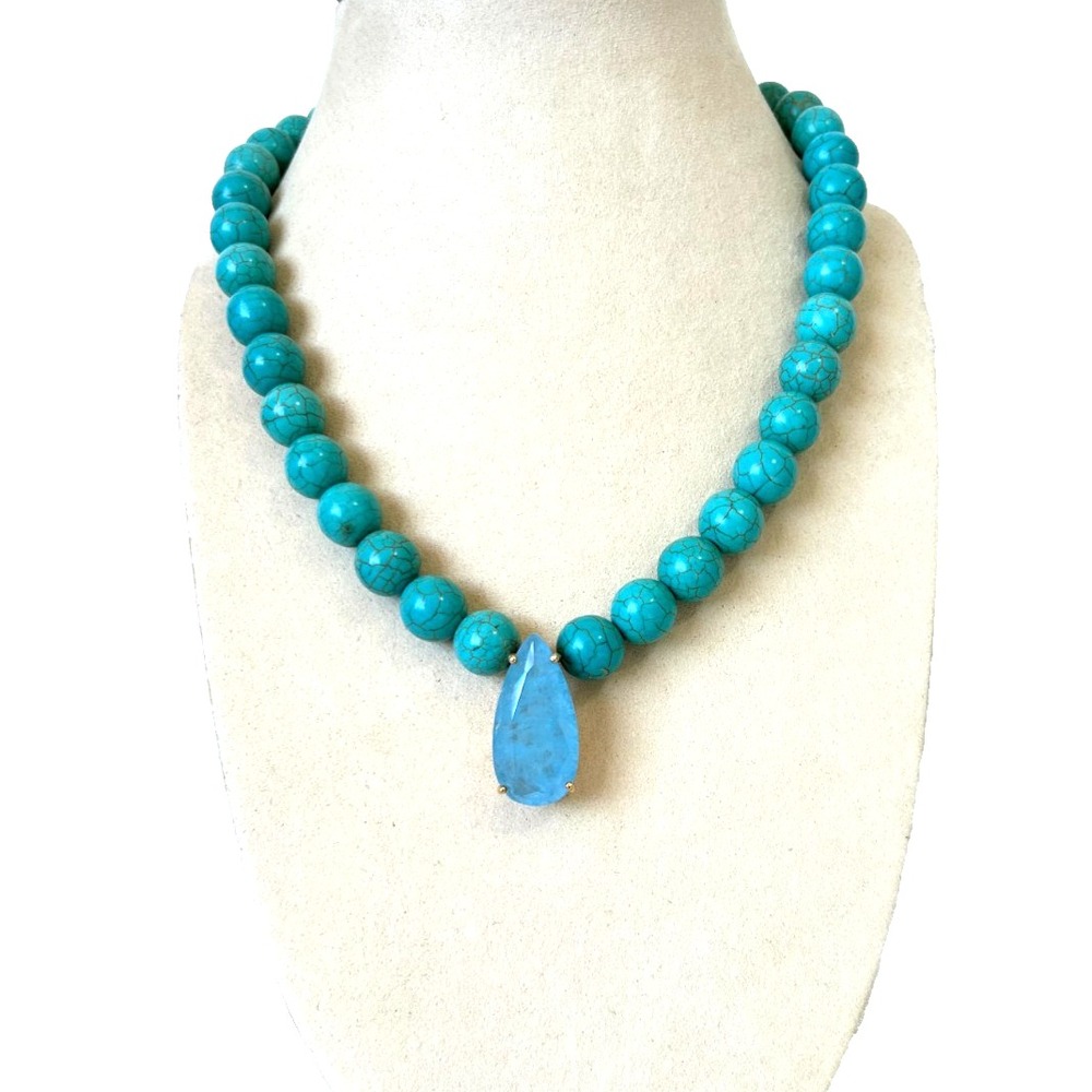Blue Dyed Howlite Turquoise Bead Pendant Blue Jade Crystal 9" New In Box Brazil